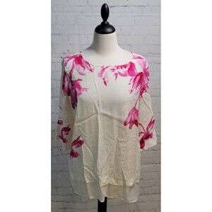 Joules Women's Pink Cream Floral Tulips Tunic Top Sz 8 Round Neck 3/4 Sleeves